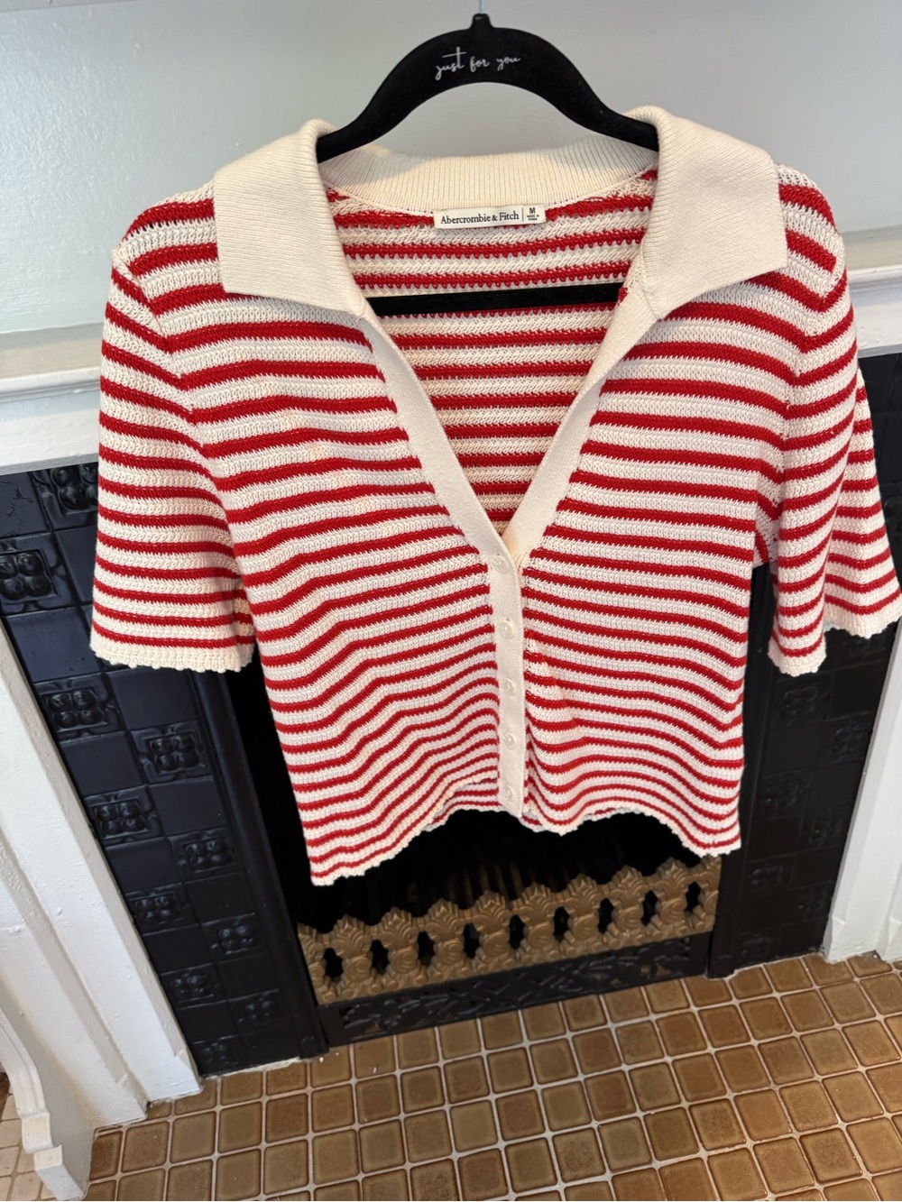 Abercrombie & Fitch Red and White Striped Short-Sleeve Polo Cardigan